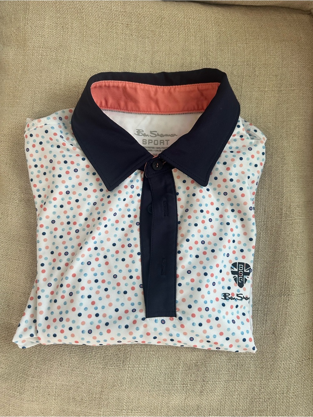 Ben Sherman White Golf Polo with Navy Collar and Polka Dots